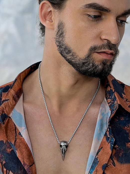 FaithHeart Viking Raven Necklace for Men, Norse Mythology Raven Skull Pendant Sturdy Stainless Steel Amulet Jewelry Gift for Men