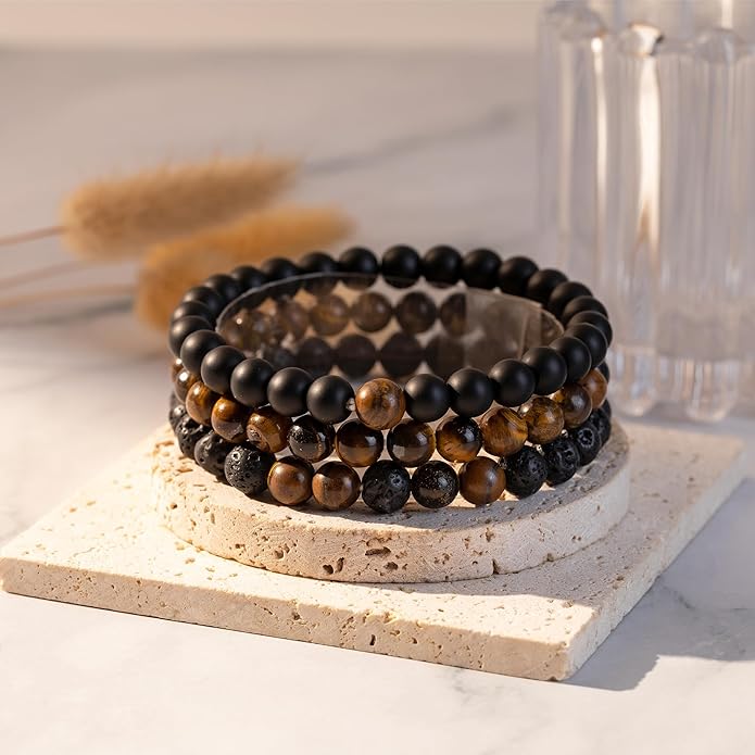 RANKEEF Mens Bead Bracelet Set - Adjustable Elastic Rope With 6&8MM Natural Stone Multi-Colored Beads - Tiger Eye Bracelets for Men - Gift