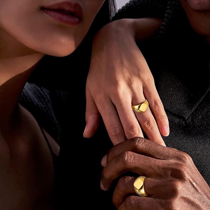 Bestyle Stainless Steel Signet Ring for Men Women in Gold/Black/Silver/Vintage Gray Tone, Chunky Thick Heavy Dome Band Ring Cool Finger Ring, Gift for Dad Husband, Size 7-14 Customizable