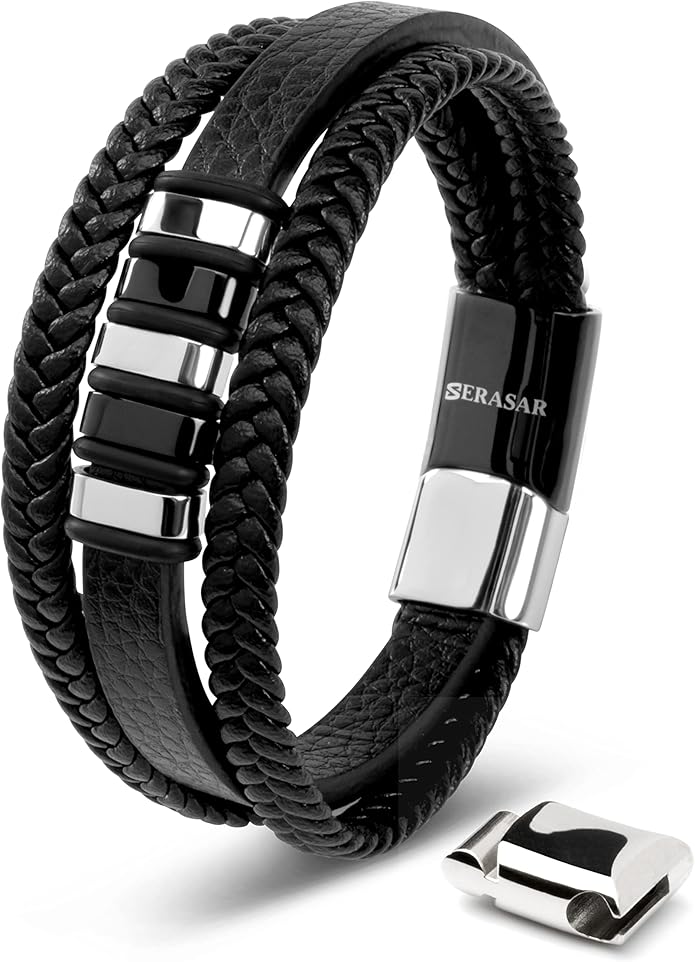 SERASAR | Premium Genuine Leather Bracelet [Glory] for Men in Black | Magnetic Stainless Steel Clasp in Silver and Gold | Exclusive Jewelry Box | Great Gift Idea