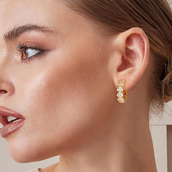 Gold Huggie Hoop Earrings 14K Gold Plated Dainty Chunky Thick Hoop Diamond Cubic Zriconia Inlay Sleeper Tiny Delicate Boho Beach Simple Hypoallergenic Jewelry Gift for Her