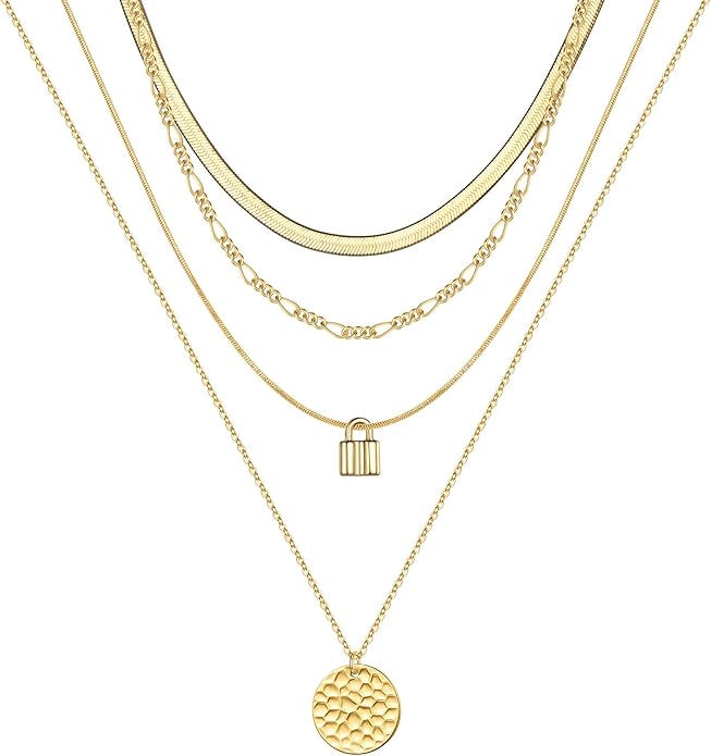 Turandoss Gold Layered Necklaces for Women - 14K Gold Plated Handmade Multilayer Bar Pearls Coin Disc Moon Butterfly Medallion Adjustable Dainty Layered Choker Necklaces for Women Jewelry