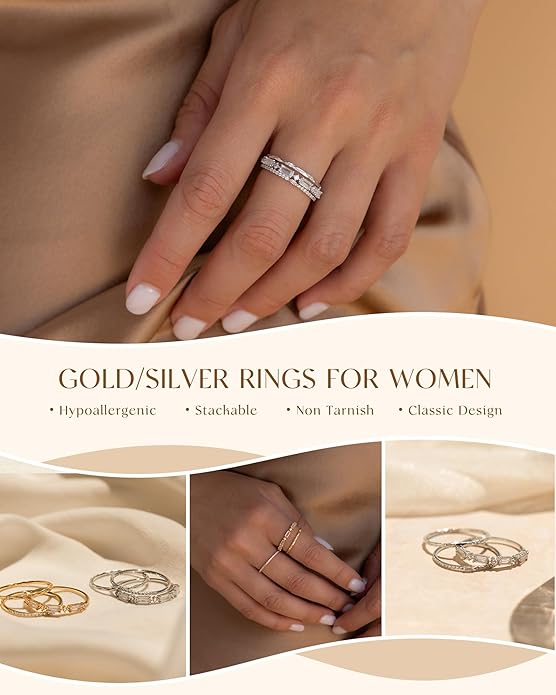 FUNEIA Stackable Silver Gold Rings for Women Non Tarnish 14K Gold Plated Thumb Cubic Zirconia Rings for Women Dainty Pinky Promise Wedding Ring Set Women's Engagement Eternity Band Rings Gold Jewelry