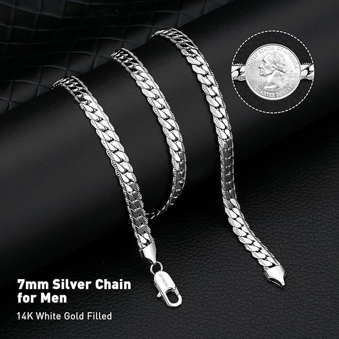 DFUNH 7MM Cuban Link Chain for Men Silver Chains, Silver Mens Chain Necklace,316L Stainless Steel and 14K White Gold /14K Gold Filled, Gold/Silver Chain for Men Necklace