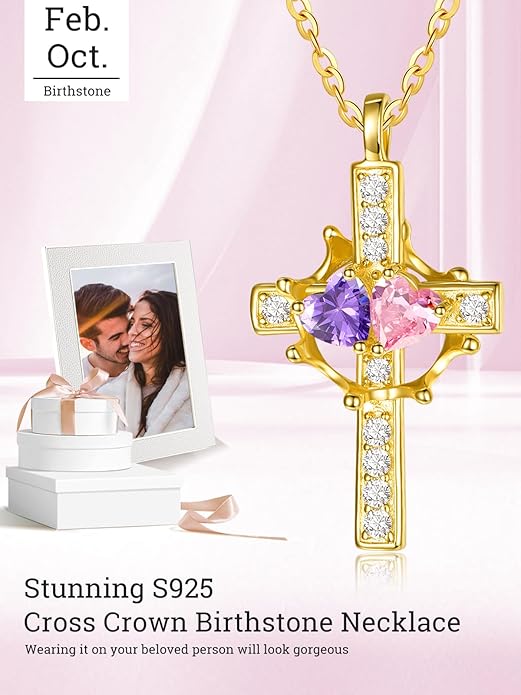Zeuslia Double Birthstone Necklace Gifts for Wife - 925 Sterling Silver Sunflower/Rose/Crown Cross/Compass/Heart Pendant I Love You Necklace, Anniversary Birthday Gifts for Wife Girlfriend Mom Her