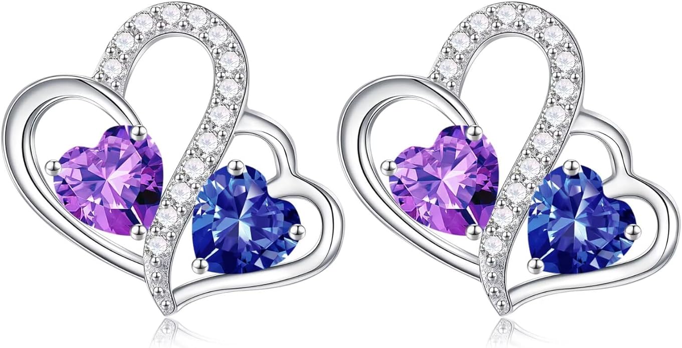 Iefil Valentines Day Gifts for Her - Birthstone Earrings Gift for Women, 925 Sterling Silver Double Heart Birthstone Earrings | Anniversary Birthday Gifts for Women, Personalized Jewelry for Wife Mom