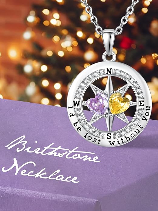 JIYVY32 Compass Birthstones Necklace for Women, Exquisite S925 Necklace Anniversary Birthday Gifts for Wife Her Double Birthstone Pendant jewelry ‘I'd be Lost Without You’