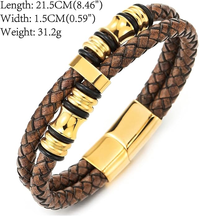 COOLSTEELANDBEYOND Mens Double-Row Braided Leather Bracelet Bangle Wristband with Stainless Steel Ornaments