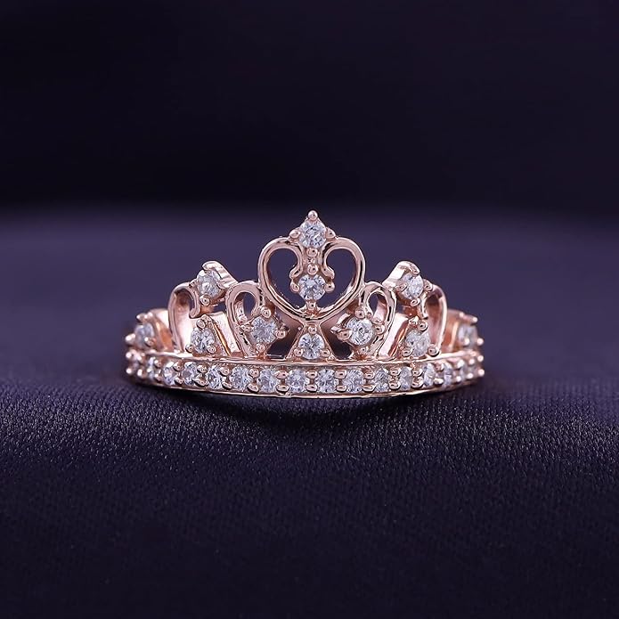 Princess Crown Ring, Round Cut Moissanite, Cubic Zirconia, Lab Grown or Natural Diamond Promise Ring for Women in 14K Gold Plated 925 Sterling Silver Jewelry Gift for Her