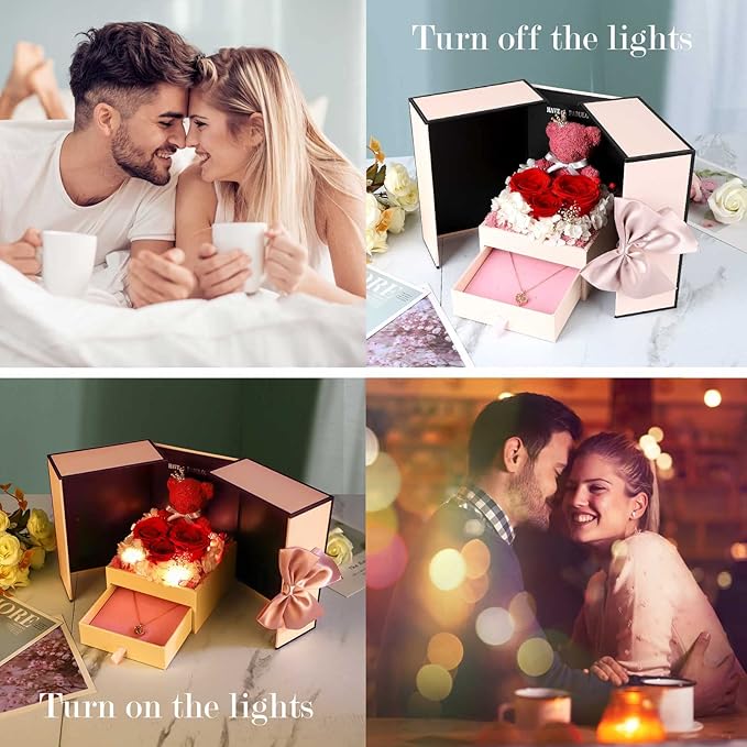 ADDWel Rose Gifts for Women Birthday Christmas - Preserved Real Roses Forever Red Flowers with I Love You in 100 Languages Necklace and Cute Moss Bear for Girlfriend Wife Mom Grandma