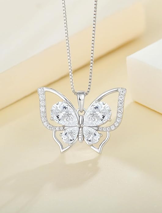 YL Women's Butterfly Necklace 925 Sterling Silver Flower Rose Pendant Birthstone Halo Jewelry