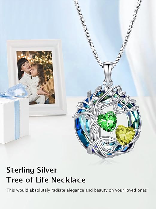TOUPOP s925 Sterling Silver Family Celtic Tree of Life Pendant Necklaces with 2 Heart Birthstone with Blue Austrian Crystal Jewelry Birthday Anniversary Christmas Gifts for Her Wife Girlfriend Mom (18K Real White Gold Filled)