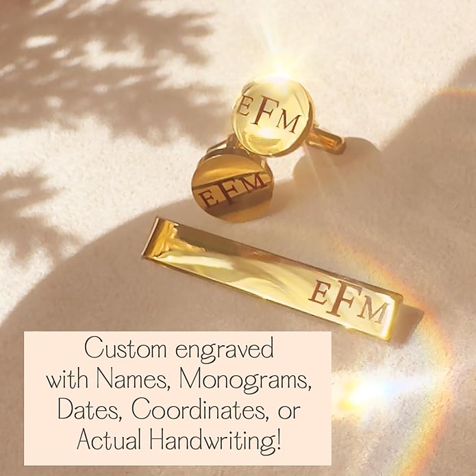 Custom Cuff Links & Personalized Tie Clip Gift Set for Men • Engraved Monogram, Date, Handwriting, Crest, Logo • Father's Day Gift for Dad • Gold, Silver, Black