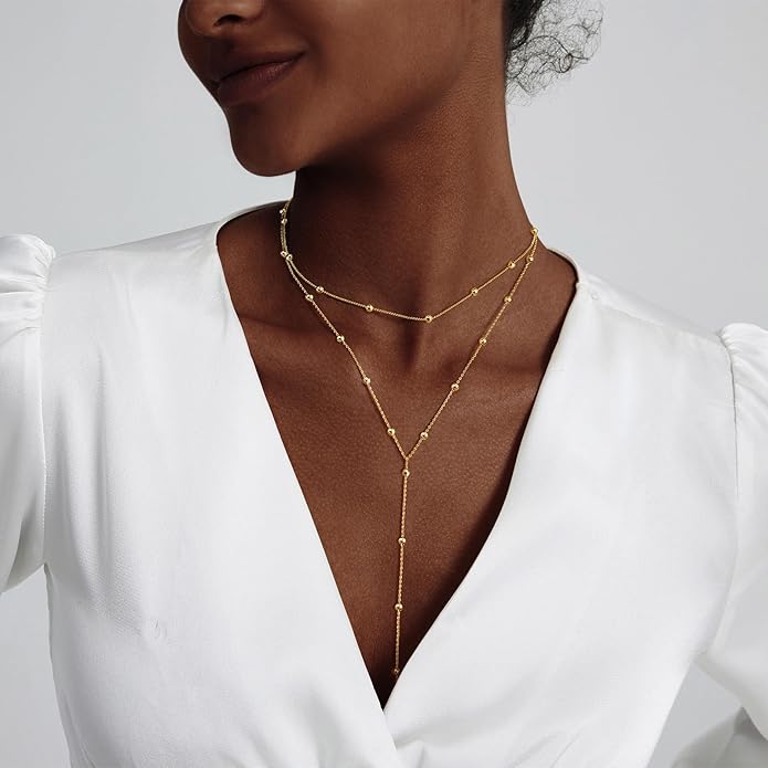 Luxval Lariat Silver Necklace for Women, Dainty Long Necklace Silver Y-Shaped Pendant Necklaces Trendy Beaded Chain Drop Necklaces Jewelry for Women Gifts