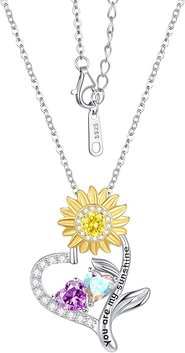 PERJI Valentine's Day Gifts for Women - 925 Sterling Silver Double Birthstone Sunflower Necklace, Anniversary Birthday Jewelry You are My Sunshine Gifts for Wife Couple Girlfriend 18"+2" Non Tarnish