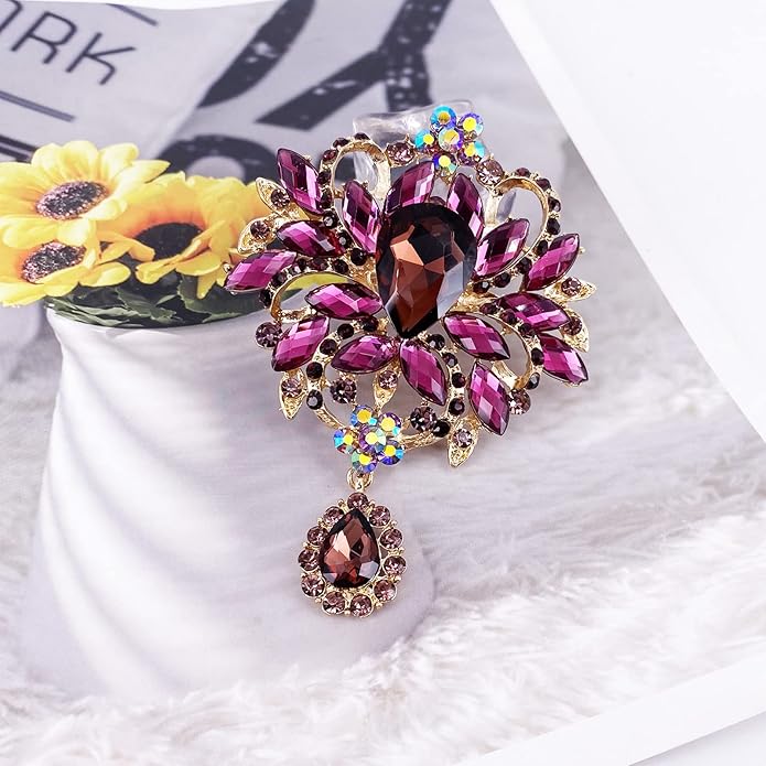 LAXPICOL Wedding Bridal Big Brown Crystal Rhinestone Bouquet Brooch Pin for Women Golden Tone
