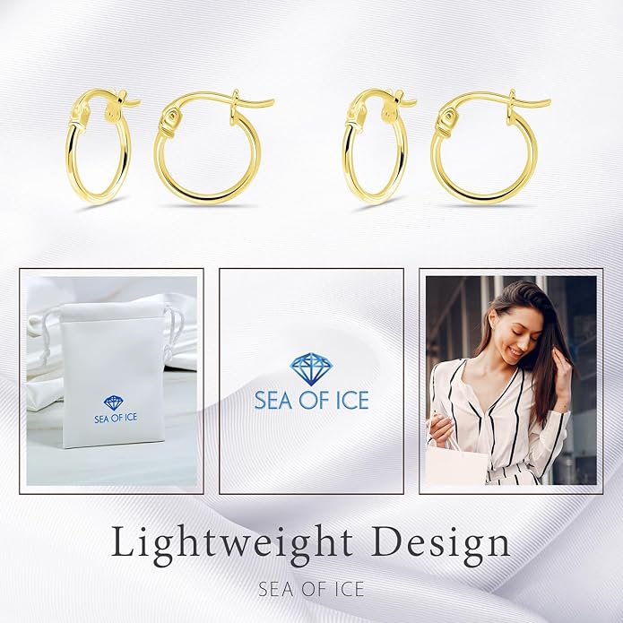 SEA OF ICE 925 Sterling Silver Hoop Earrings for Women - Hypoallergenic Earrings for Women in Sterling Silver, Yellow Gold, Rose Gold or Black Rhodium | Sizes 12MM, 15MM, 20MM or Multipack