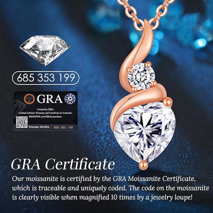 Moissanite Heart Pendant Necklaces for Women, 925 Sterling Silver Necklace with Birthstone, Ideal Anniversary Present or Birthday Christmas Valentine Mothers Day Jewelry Gifts for Mom Wife Her Girlfriend