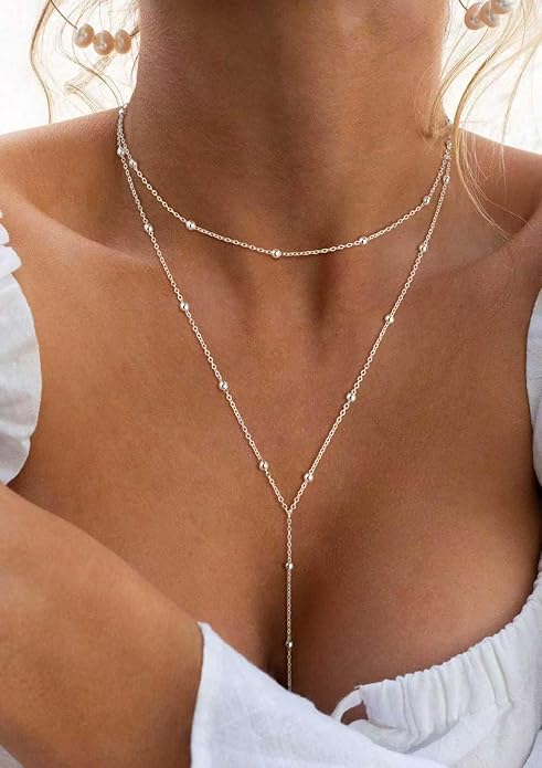 Lariat Necklace for Women, Dainty Long Necklaces, 14k Gold/Silver Plated Y-Shaped Drop Chain Necklace, Simple Layered Necklaces, Trendy Jewelry Gifts for Her