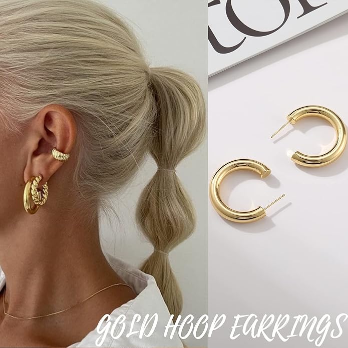Hoop Earrings Set for Women, 6 Pairs 14K Gold Plated Lightweight Hypoallergenic Chunky Open Twisted Hoops Earrings Pack Jewelry