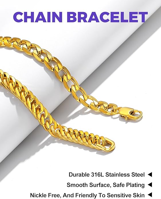 Richsteel 2PCS/3PCS Bracelets Chain for Men Women Stainless Steel Silver/Gold/Black Cuban/Rope Link Chain Bracelets Set, 7.4/8.2/9 Inch Hand Chain Length for Men Women Jewelry