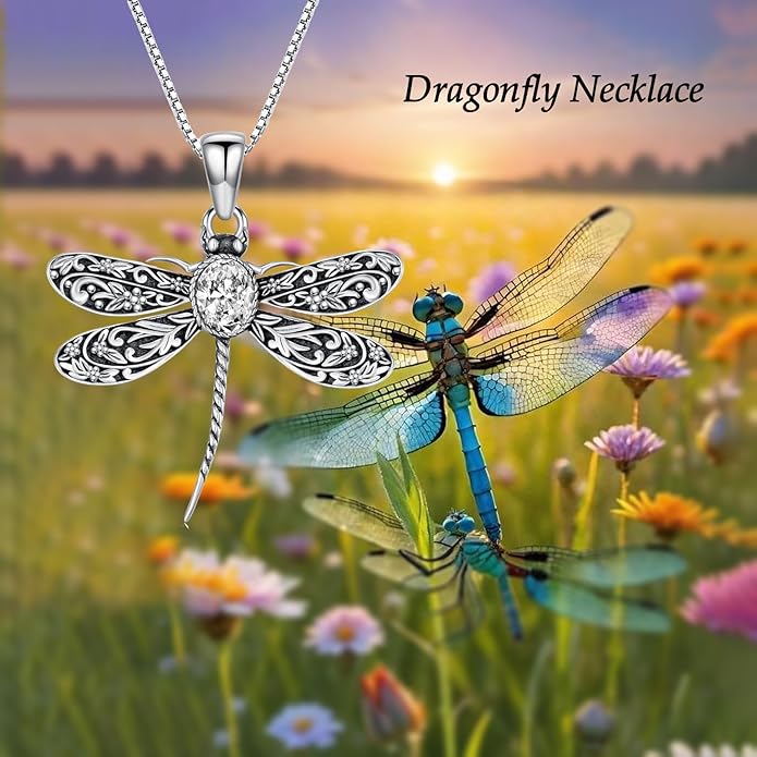 Vintage Dragonfly Necklace for Women 925 Sterling Silver, Oval Birthstone Dragonfly Pendant Boho Jewelry Birthday Gift for Her, Mom, Grandma