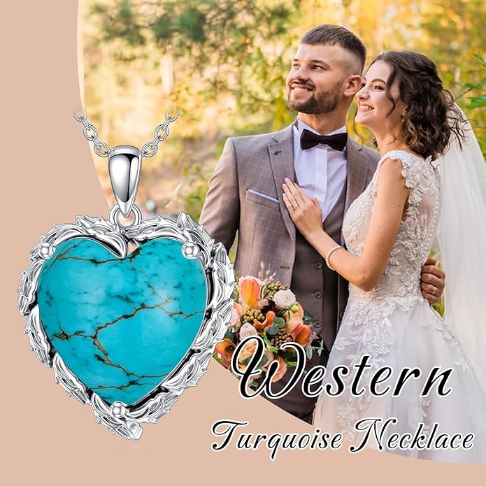 Genuine Turquoise Heart Necklaces for Women 925 Sterling Silver Blue Green Turquoise Pendant Vintage Western Jewelry Gift for Mom Wife Her
