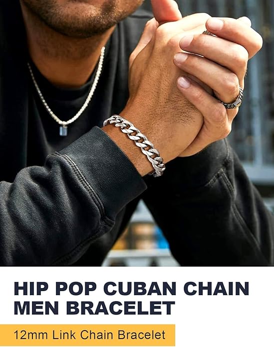 U7 Link Bracelets for Men, Cuban Link/Rope/Watch Band Solid Bracelet, Silver Black Gold Color Wrist Bracelet 3/6/9/12/15mm Width, 6.5/7.5/8.3 Inch Length, Hand Chain Jewelry for Mens Women