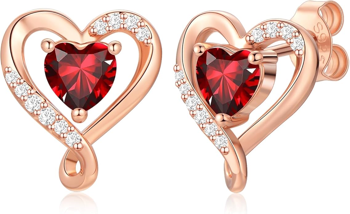 Earrings for Women, S925 Sterling Silver Rose Gold Birthstone Heart Studs Earring for Girlfriend Wife, Anniversary Birthday Christmas Valentines Mothers Day Gifts Jewelry for Women Wife Her Mom
