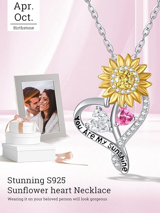 Zeuslia Double Birthstone Necklace Gifts for Wife - 925 Sterling Silver Sunflower/Rose/Crown Cross/Compass/Heart Pendant I Love You Necklace, Anniversary Birthday Gifts for Wife Girlfriend Mom Her
