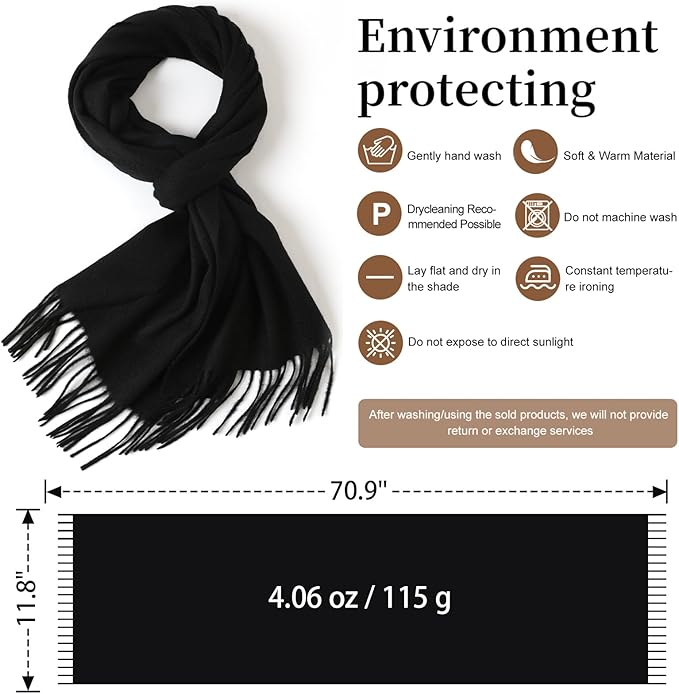 WASALUYA Wool Scarf for Women & Men, 100% Wool Scarves Wrap Shawl with Tassels, Elegant Soft Winter Scarf for Fall and Winter