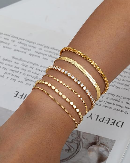 Gold Bracelets for Women 14K Gold Plated Stack Trend Bracelets Charm Paperclip Chain Cuban Link Layered Waterproof Bracelet Dainty Bracelet for Women Jewelry Gifts