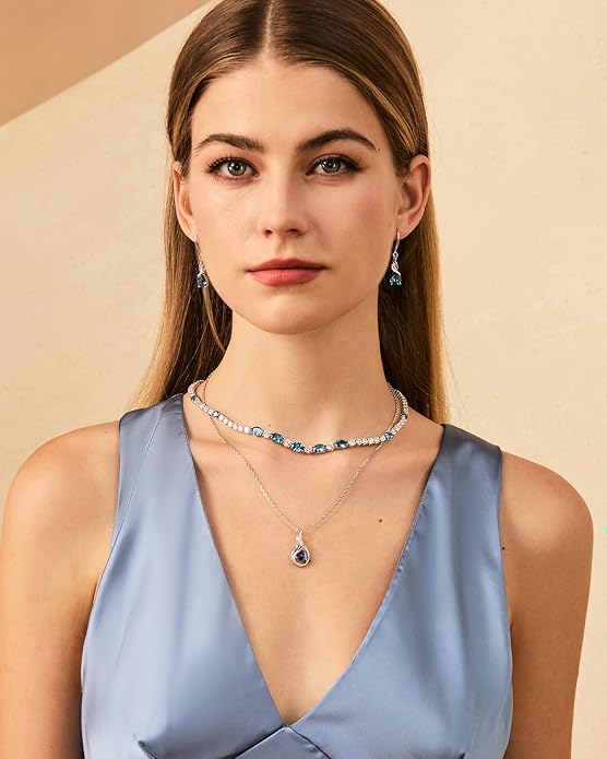 FANCIME TimelessTie Birthstone Necklace for Women White Gold Plated Sterling Silver Ribbon Design Jewelry Knot Pendant Fine Jewelry Gemstone Birthday Graduation Anniversary Christmas Gifts for Women Wife Mother Her