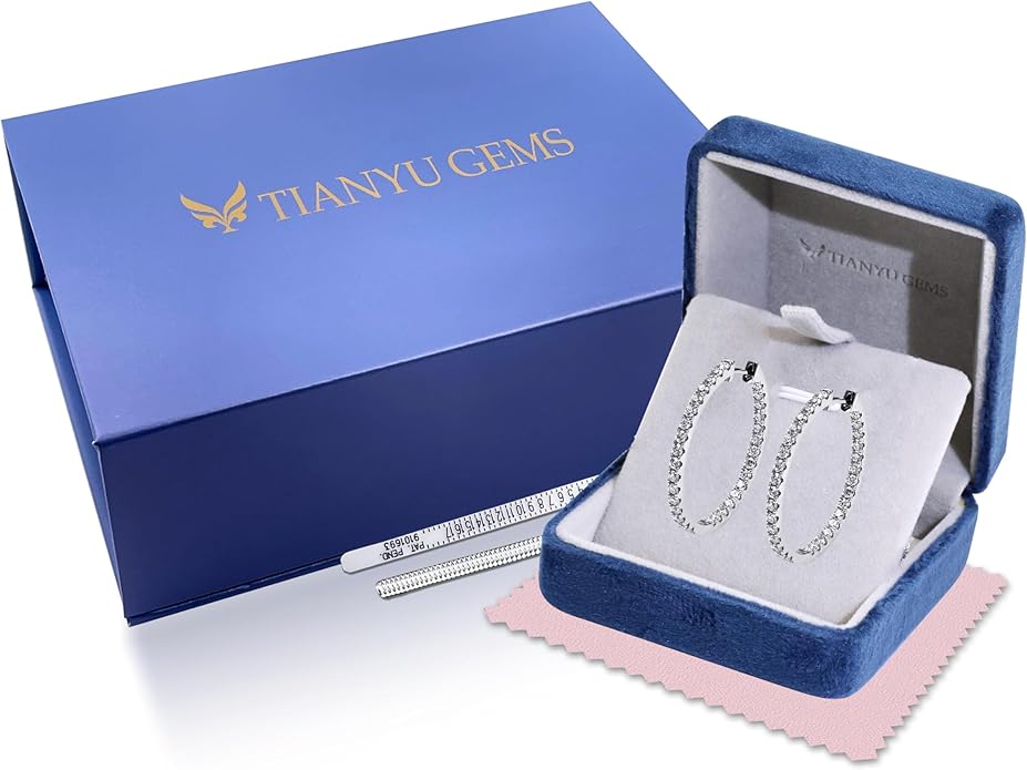 Moissanite Hoop Earrings for Women, S925 Sterling Silver, 18K White Gold Plated, D Color VVS1