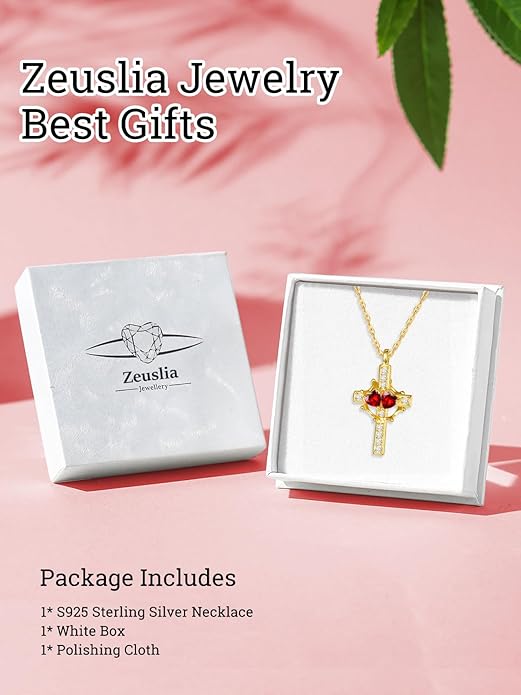 Zeuslia Double Birthstone Necklace Gifts for Wife - 925 Sterling Silver Sunflower/Rose/Crown Cross/Compass/Heart Pendant I Love You Necklace, Anniversary Birthday Gifts for Wife Girlfriend Mom Her
