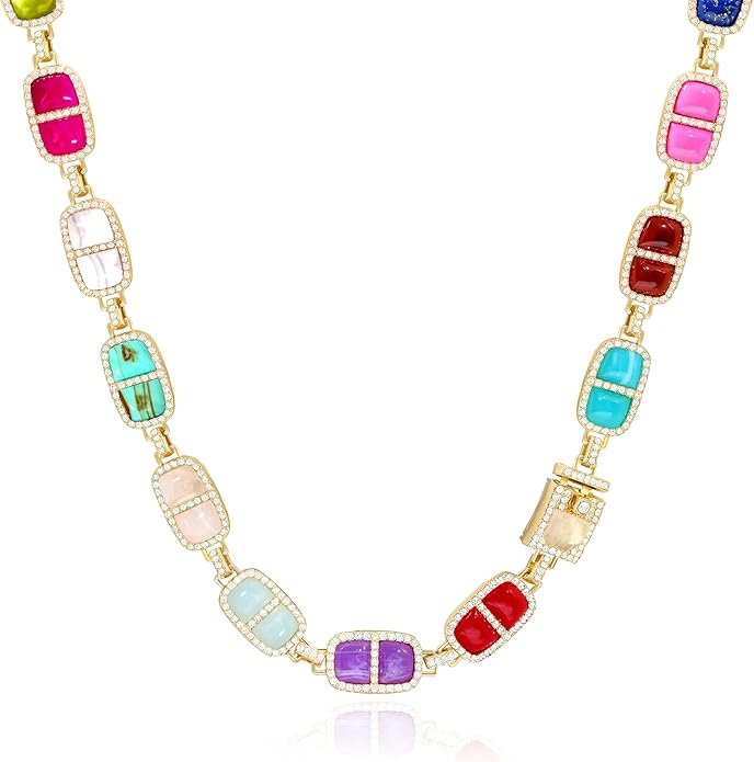 Chunky Necklace for Women 12 Colors Diamond Stone Gold Statement Necklace for Women Full Trendy Blue Birthstone Choker Necklace for Women Square Design Necklace Jewelry