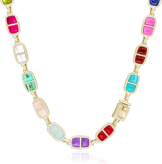 Chunky Necklace for Women 12 Colors Diamond Stone Gold Statement Necklace for Women Full Trendy Blue Birthstone Choker Necklace for Women Square Design Necklace Jewelry