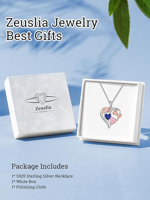Zeuslia Double Birthstone Necklace Gifts for Wife - 925 Sterling Silver Sunflower/Rose/Crown Cross/Compass/Heart Pendant I Love You Necklace, Anniversary Birthday Gifts for Wife Girlfriend Mom Her
