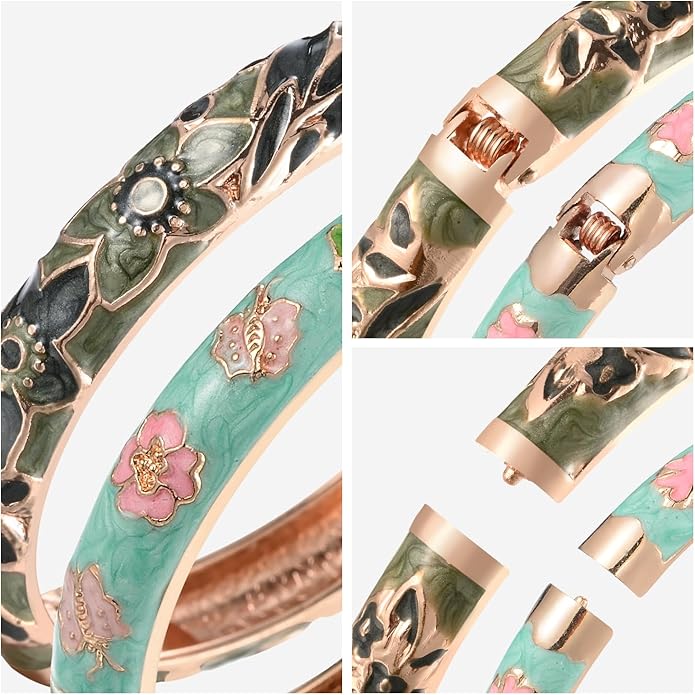 UJOY Cloisonne Bracelet Butterfly Hinge Indian Cuff Bangle Enameled Jewelry Flower Bracelets for Women Gift Box 55A114