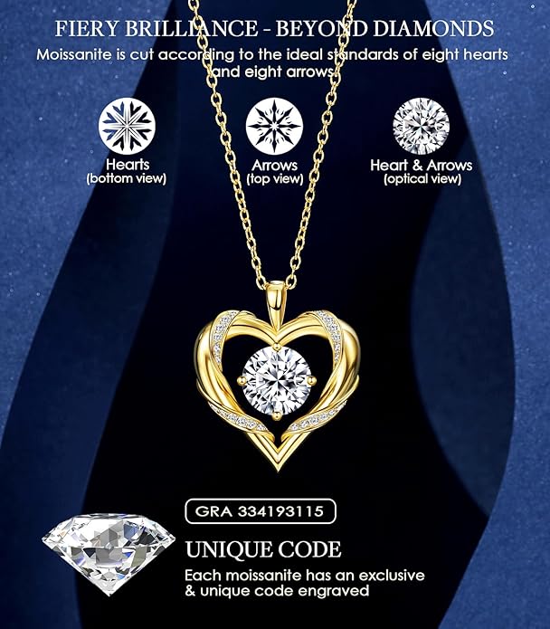 Beam & Bask 2-3 Ct Moissanite Heart Necklaces for Women, 18K Gold Plated Romantic Pendant for Anniversary Birthday, 925 Sterling Silver Jewelry for Wife Girlfriend Mom Her