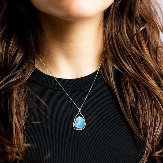 Teardrop Turquoise Pendant Necklace, 925 Sterling Silver December Birthstone Necklace Vintage Western Jewelry Gift for Women