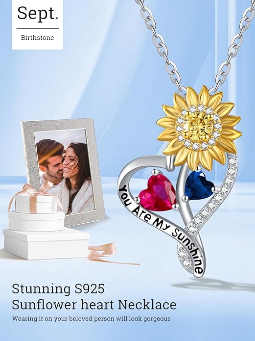 Zeuslia Double Birthstone Necklace Gifts for Wife - 925 Sterling Silver Sunflower/Rose/Crown Cross/Compass/Heart Pendant I Love You Necklace, Anniversary Birthday Gifts for Wife Girlfriend Mom Her