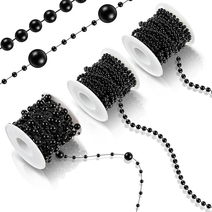 Bonuci 3 Rolls 66 Feet Pearls String Garland Faux Pearl Garland Spool Roll Strand Decoration Artificial Beads Chain Trim for Crafting String of Flowers Valentine Wedding Party(Black,4mm)