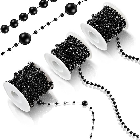Bonuci 3 Rolls 66 Feet Pearls String Garland Faux Pearl Garland Spool Roll Strand Decoration Artificial Beads Chain Trim for Crafting String of Flowers Valentine Wedding Party(Black,4mm)