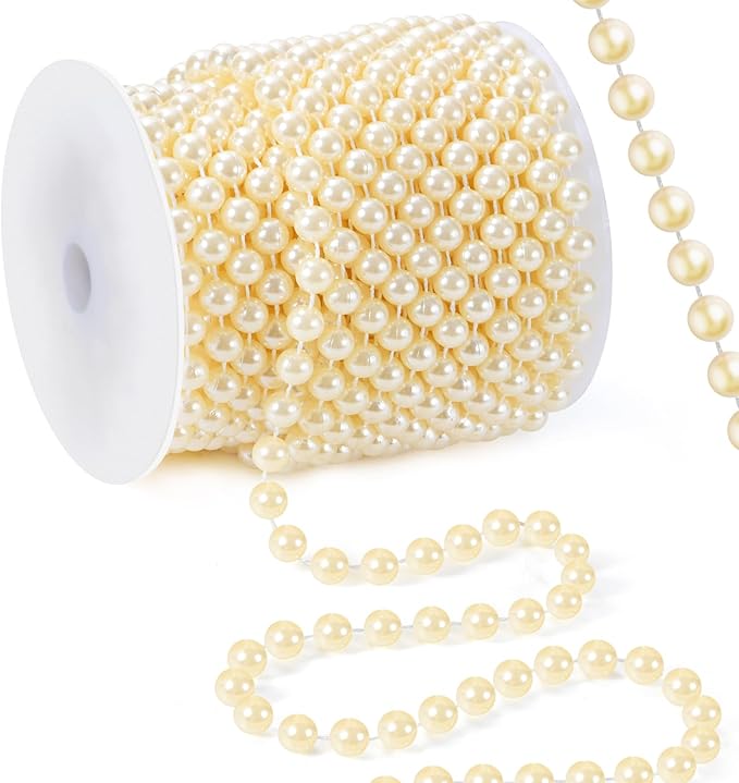 48 Feet Faux Pearl Garland, 8mm Pearl String Roll Strands, Extended String of Pearls Garland for Christmas Tree Wedding Party Decoration Centerpieces Flowers DIY Crafts (Ivory)