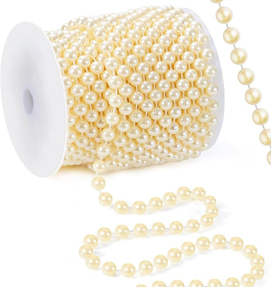 48 Feet Faux Pearl Garland, 8mm Pearl String Roll Strands, Extended String of Pearls Garland for Christmas Tree Wedding Party Decoration Centerpieces Flowers DIY Crafts (Ivory)