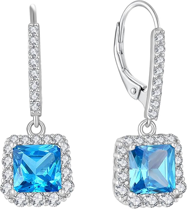 Square Dangle Drop Earrings Sterling Silver Halo Leverback Earrings Birthstone Jewelry for Women
