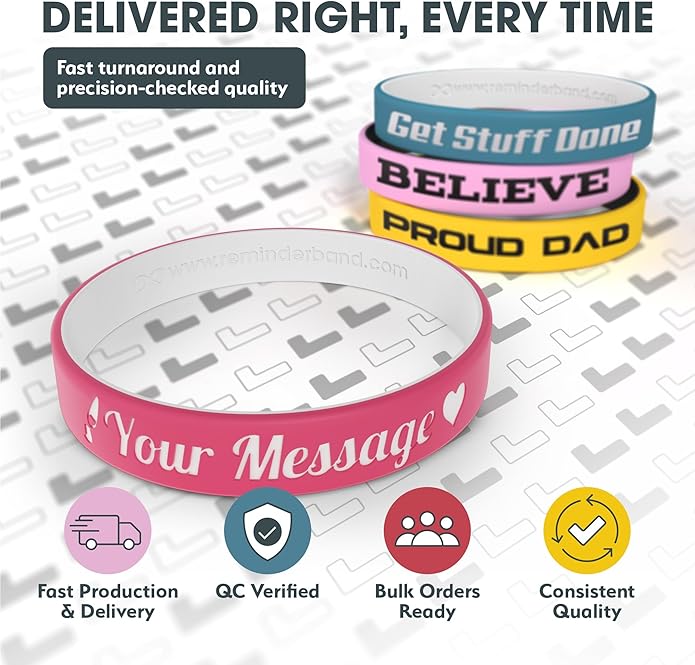 Reminderband Custom 100% Silicone Luxe Wristbands – Personalized Motivational Bracelets, Bulk Rubber Bands for Events, Fundraisers, Awareness, Gifts - Hypoallergenic Bands