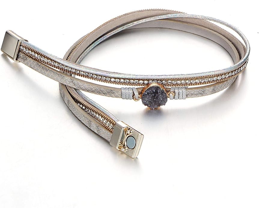 Fesciory Leather Wrap Bracelets for Women, Boho Leopard Multi-Layer Crystal Beads Cuff Bracelet Jewelry