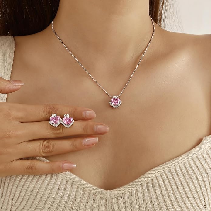 Ydou Love Heart Necklaces and Earrings with Rose Cut Birthstone Silver Plated Elegant Jewelry Set for Women CS0002